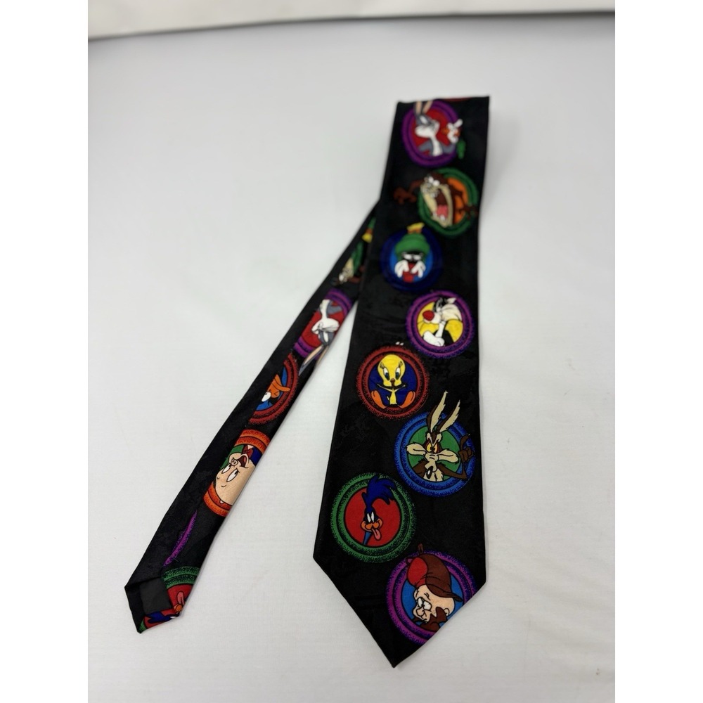 Vintage 1993 Cartoons Looney Tunes Mania Tie Black Multicolor Bugs Bunny Tweety